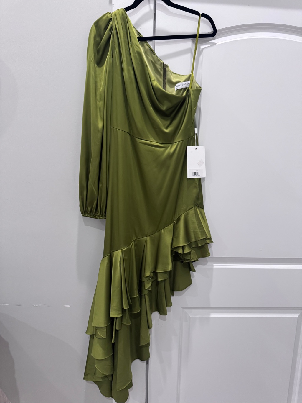 Mac Duggal One-Shoulder Olive Green Ruffle Satin Dress Size 8